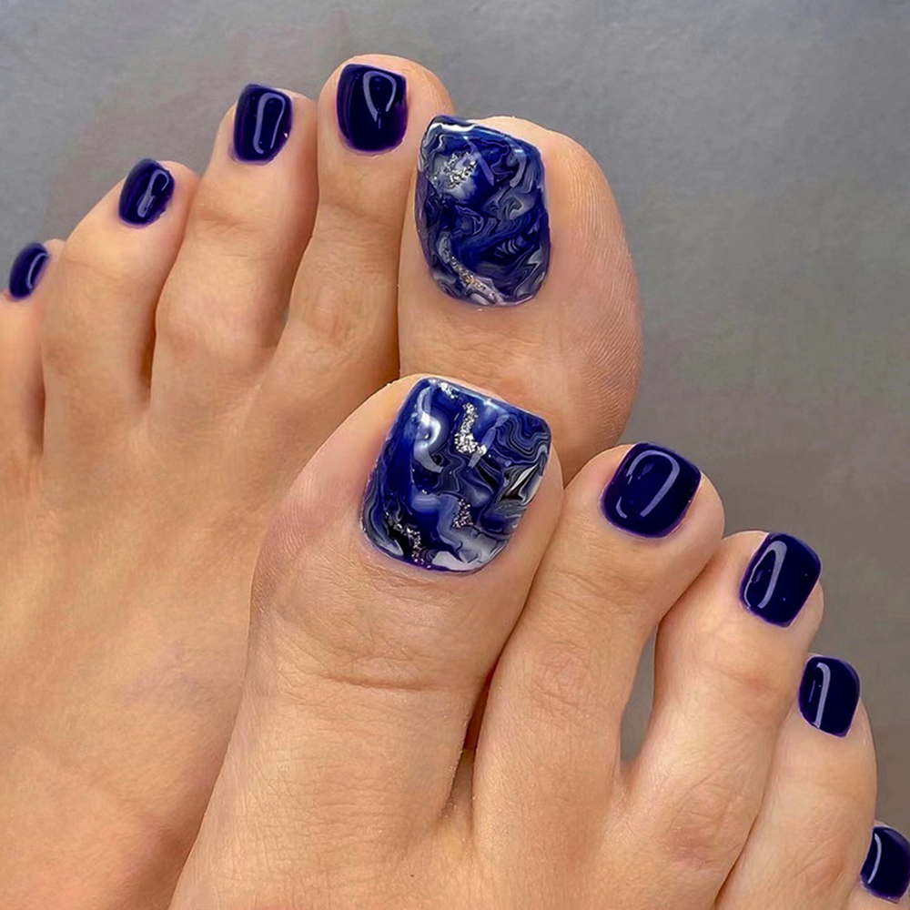 Resin Art Glitter - 24 قطعة أظافر صناعية زرقاء لامعة